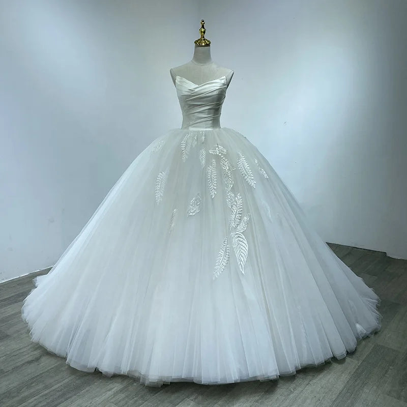For Jancember WM26 Simple Strapless Lace Ball Gown Wedding Dress for Women Party Style Beading Crystal Appliques Natural