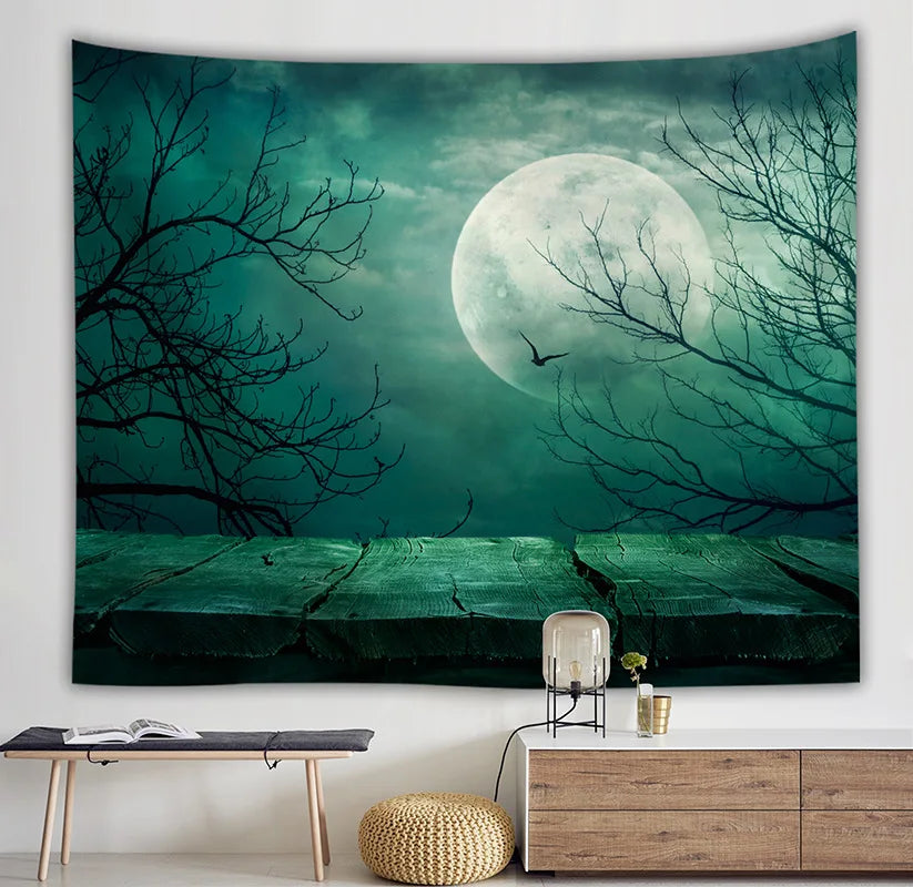 Milky Way Night Sky Moon Starry Landscape Bohemian Psychedelic Eco-Friendly Portrait Tapestry for Home Bedroom Decoration