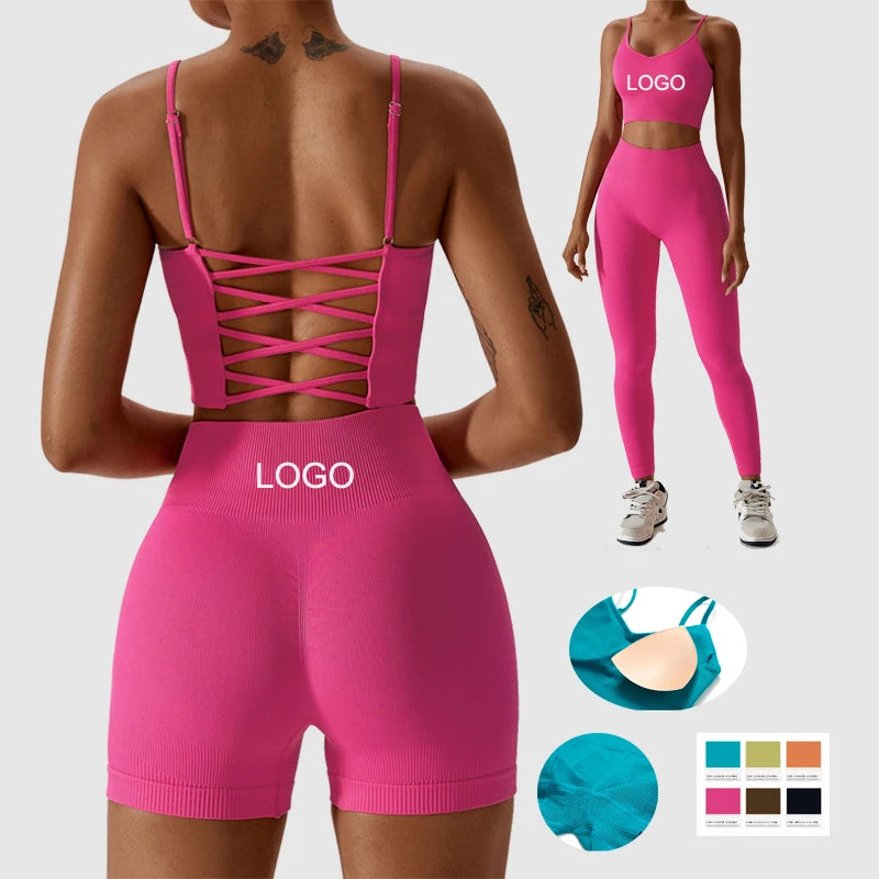JY Seamless Ribbed Yoga Set Women 2 Piece Outfits Crisscross Back Bra Scrunch Butt Leggings Gym Fitness Workout Sports Suit