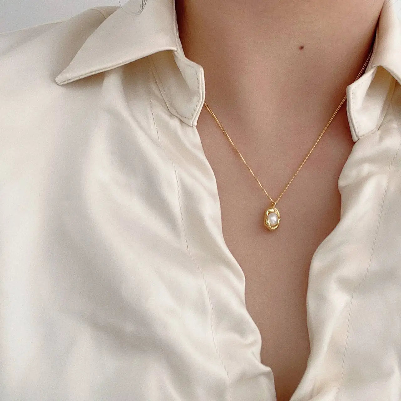 Fine 18K Gold Plated 925 Sterling Silver Geometry Natural Freshwater Pearl Pendant Collar Chain Necklace Jewelry for Women