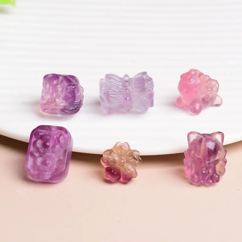 Hand Carved Natural Rainbow Fluorite Heart Bow Tie Lucky Cat Fox Buddha Head Charms for DIY Jewelry Accessory