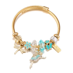 AA01509 Diy Crystal Flower Ballerina Dance Girl Pendant Charm Bracelets Handmade Stainless Steel Butterfly Charm Bracelet