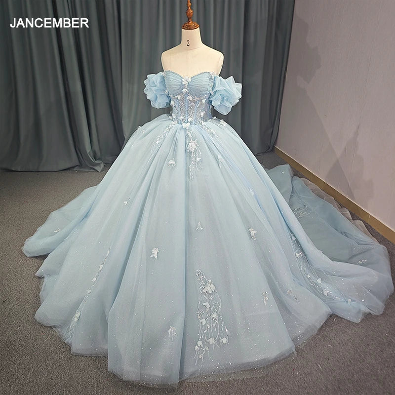 Light Sky Blue Quinceanera Dresses Ball Gown Off Shoulder 3D Rose Flowers Puffy Sweet 16 Dress Party Gowns Dy5729