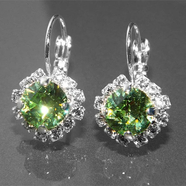Huitan Beautiful Big Round Green Summer Flower Gemstone Zircon Stud Earrings Girls Silver Plated Sweet Earrings Women