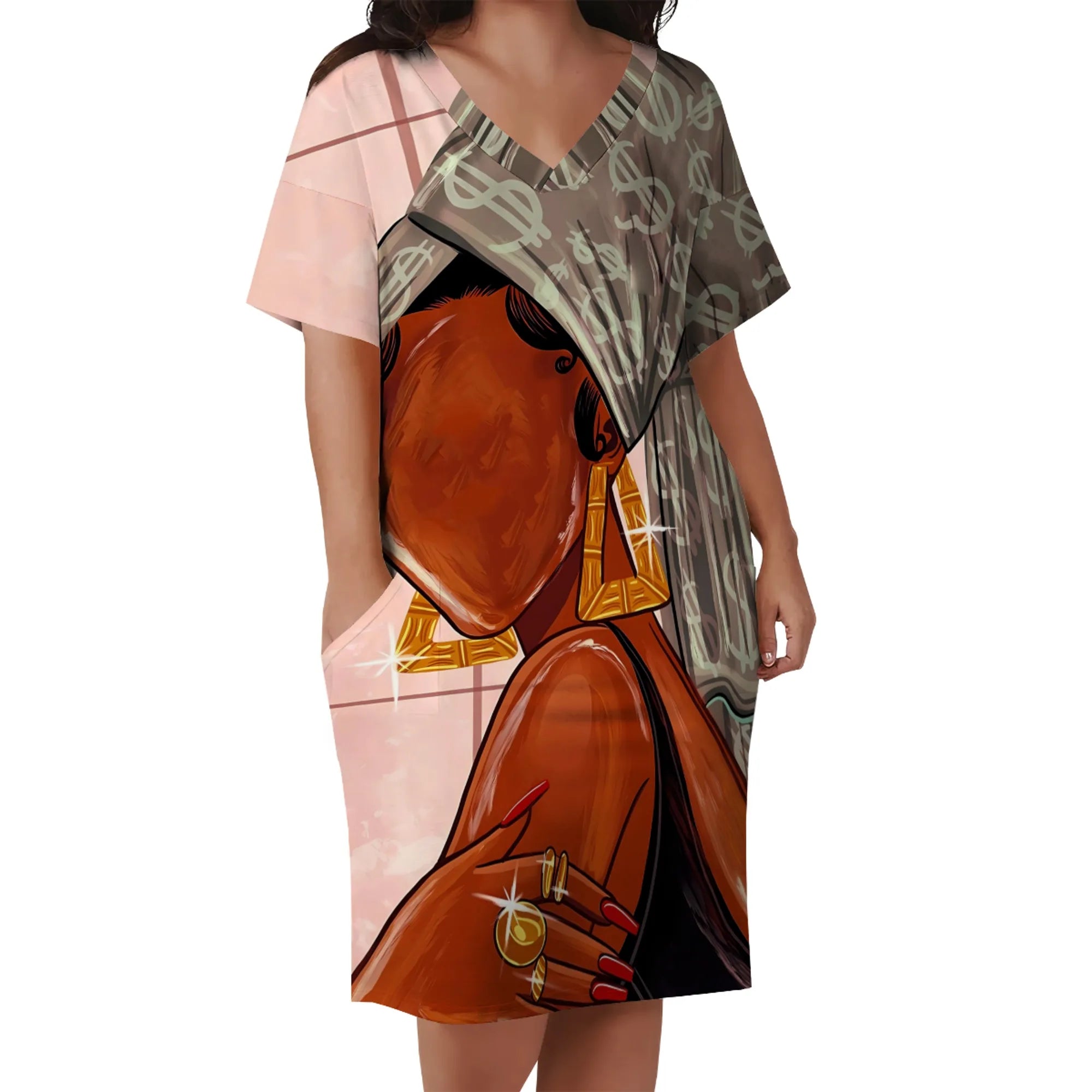 Unique and Colorful Design Short Sleeve V-Neck Customizable Cartoon Character Dress for Women