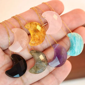 Natural Moon Shaped Gemstone Necklace Rose Quartz Crystal Crescent Pendant Necklace for Women