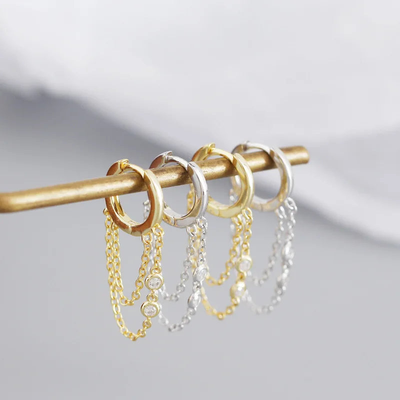 Genuine 925 Sterling Silver Trendy Pave Zircon Cuban Link Chain Tassel Hoop Earrings for Women Bohemian Hip Hop Jewelry