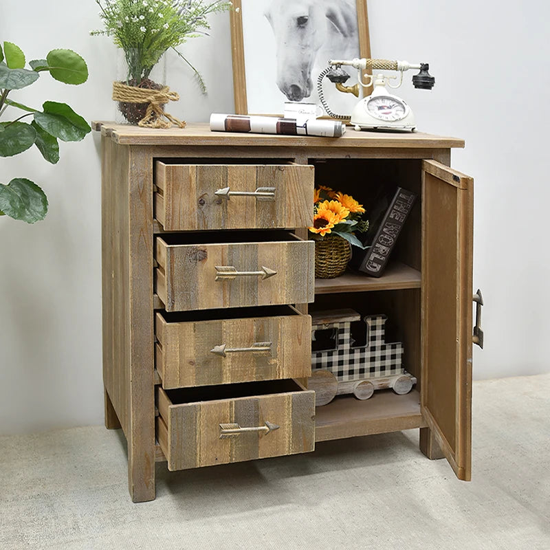 INNOVA Home American Farmhouse Rustic Style Solid Wood Storage Cabinet with 4 Drawers and Doors for Living Room Entry Hotel Use