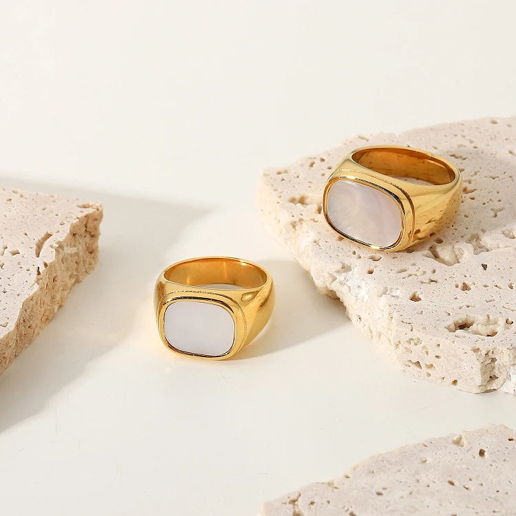 G360 Gorgeous Natural Square White Shellfish Rings 18K Gold Plating Round Pearl Finger Ring
