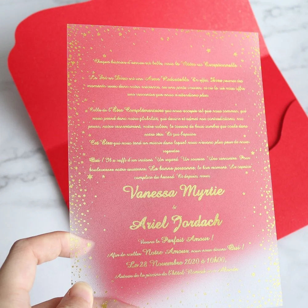 Gold Foil Chic Style 0.5 mm Frosted PVC Wedding Invitation Card with Custom Print