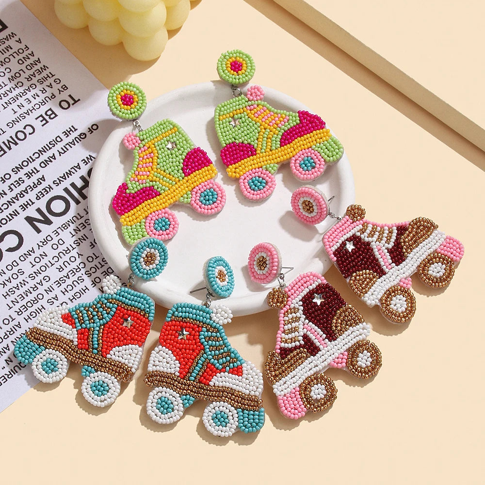 Creative Skate Beaded Earrings Bohemian Handmade Retro Fashion Roller Skates Rice Bead Earrings