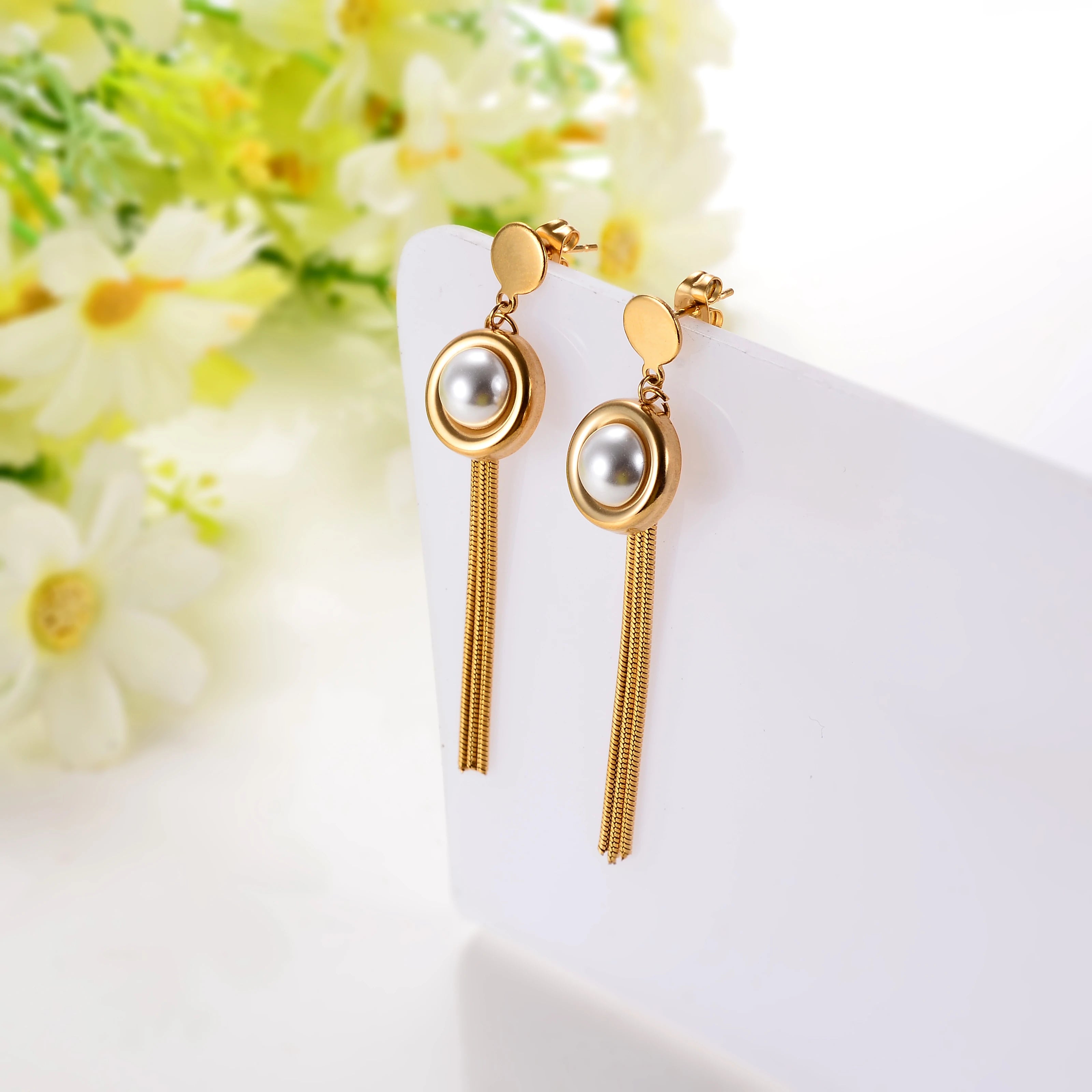 Yazky Stainless Steel Imitation Pearl Shape Channel Set Trendy Drop Earrings Tassel Design Women Anniversary Occasion Third