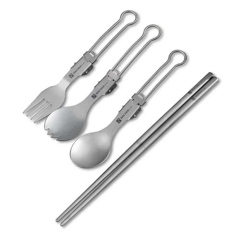 Outdoor Travel Camping Pure Titanium Folding Spoon Fork Set Camping Portable Titanium Alloy Metal Chopsticks Spoon Fork Flatware