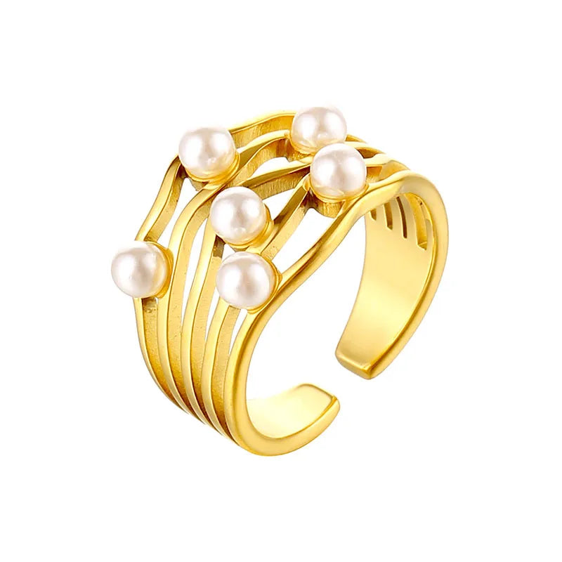 Non Tarnish Jewelry 18K Gold Plated Stainless Steel Imitated Pearl Open Gold Ring for Women Girls
