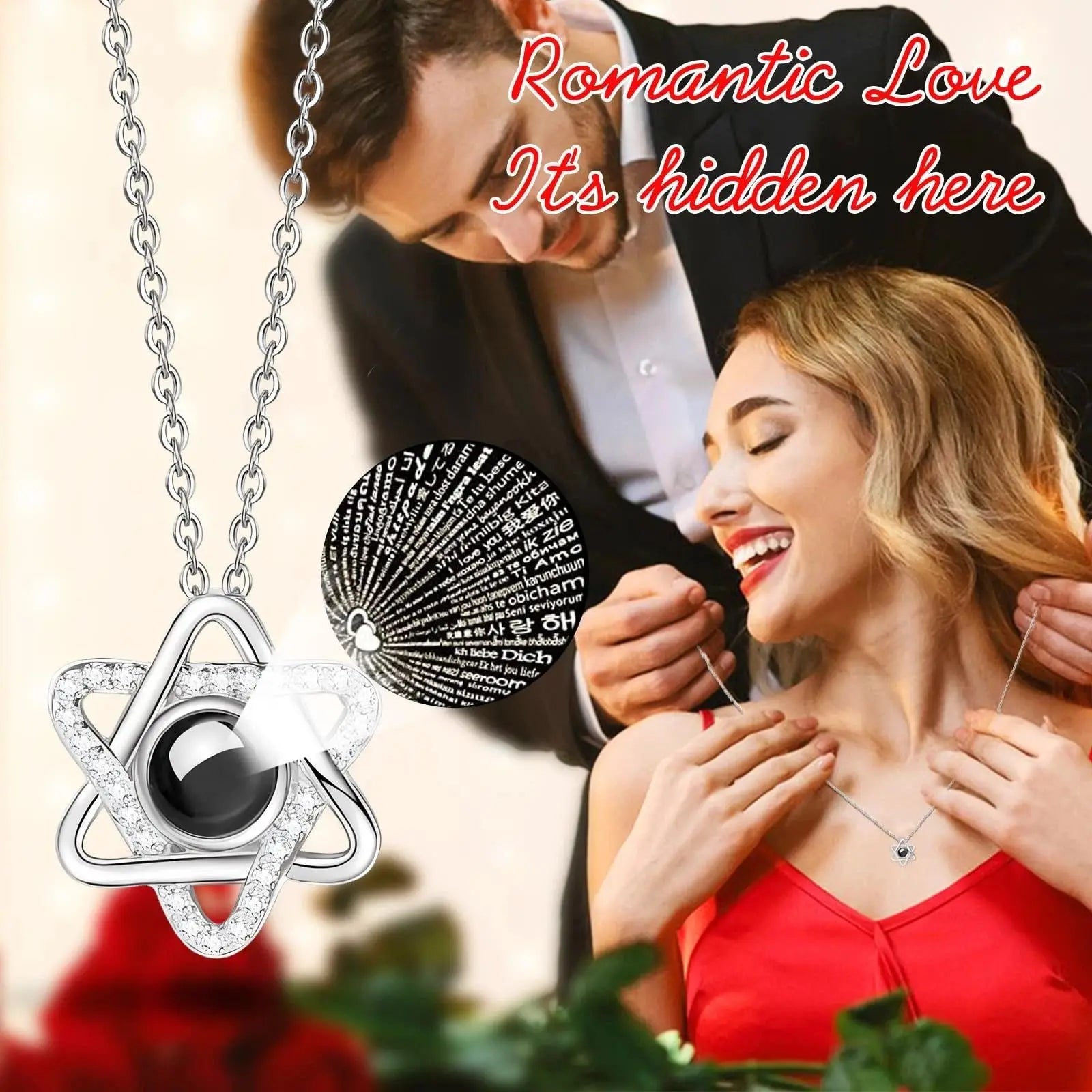 Luxury Fashion White Vvs 100 Language Photo Projection 925 Sterling Silver Pendant Necklaces Jewelry for Women