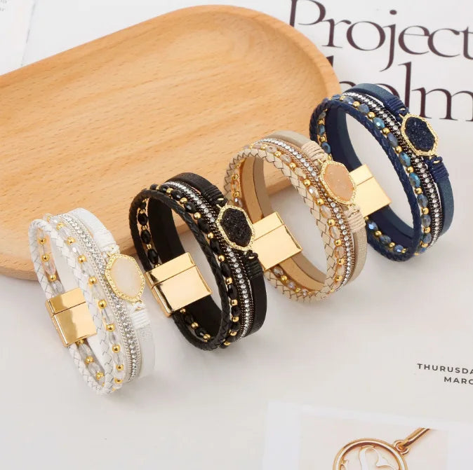 High Quality Handmade Titanium Steel Multi-layer Bracelet Women's Diamond Magnetic Snap Leather Bracelet for Jewelry Gifts