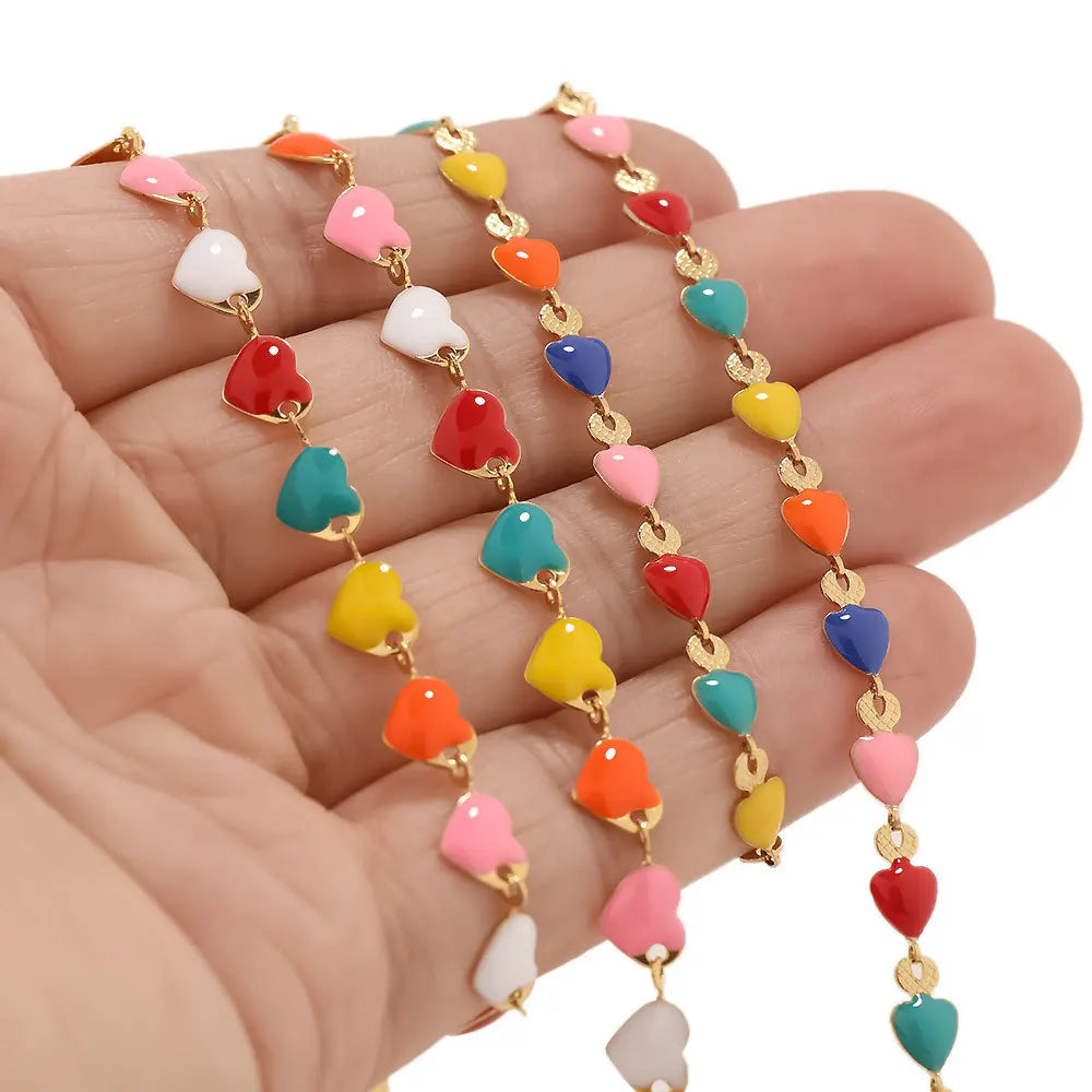 6mm Size Width Wholesale Price Stainless Steel 2024 New Fashion Diy No Tarnish Gold Plated Colorful Heart Disc Beaded Chain