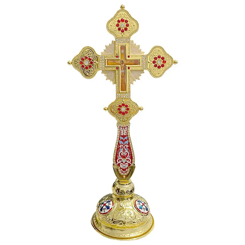 HT 40cm Orthodox Standing Cross Gold Plated Metal Crucifix Jesus Cross Church Altar Decor Christian Religious Gift