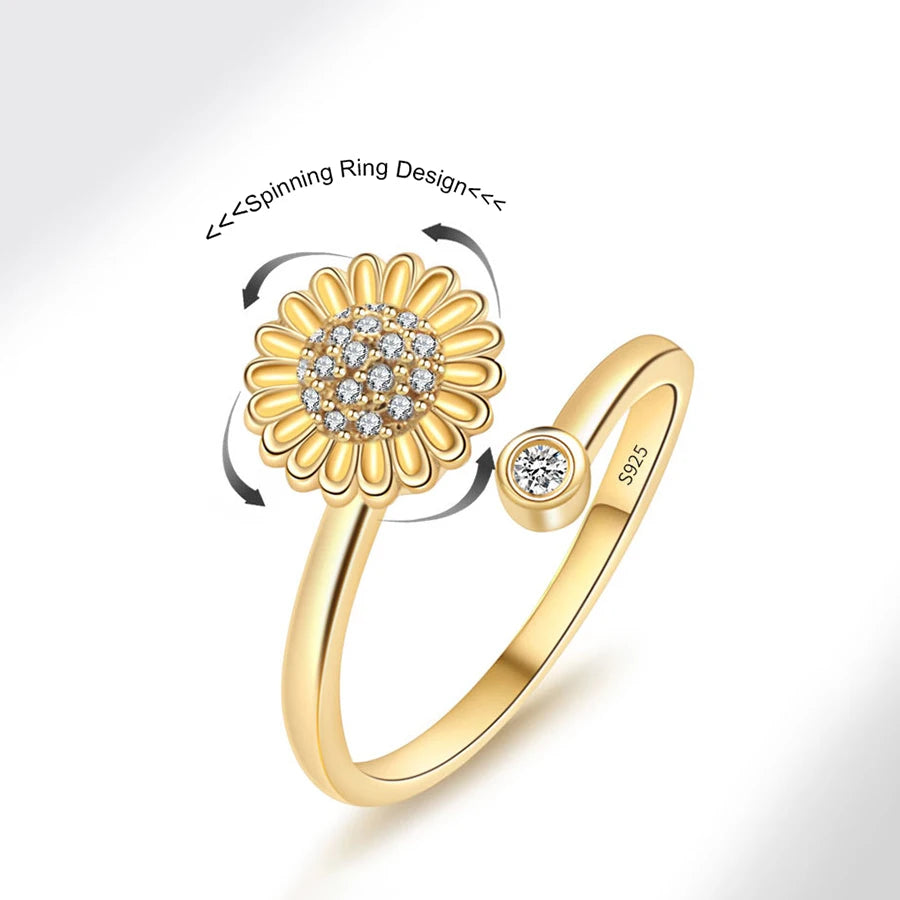 925 Sterling Silver Adjustable Open Fine Ring with Anti-Anxiety Spinning Chrysanthemum Stylish Design for Women