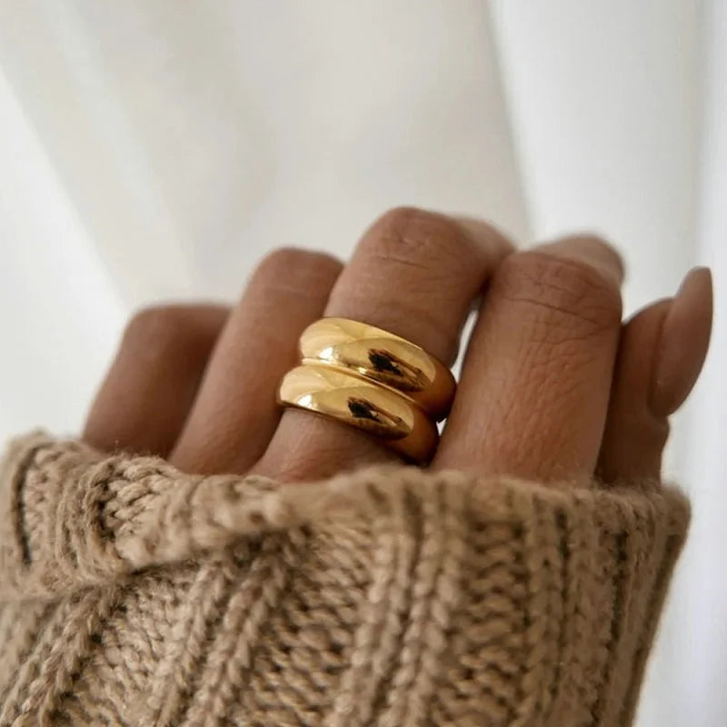 Non Tarnish Free Stainless Steel Jewelry Wholesale 18k Gold Plated Double Row Smooth Dome Rings