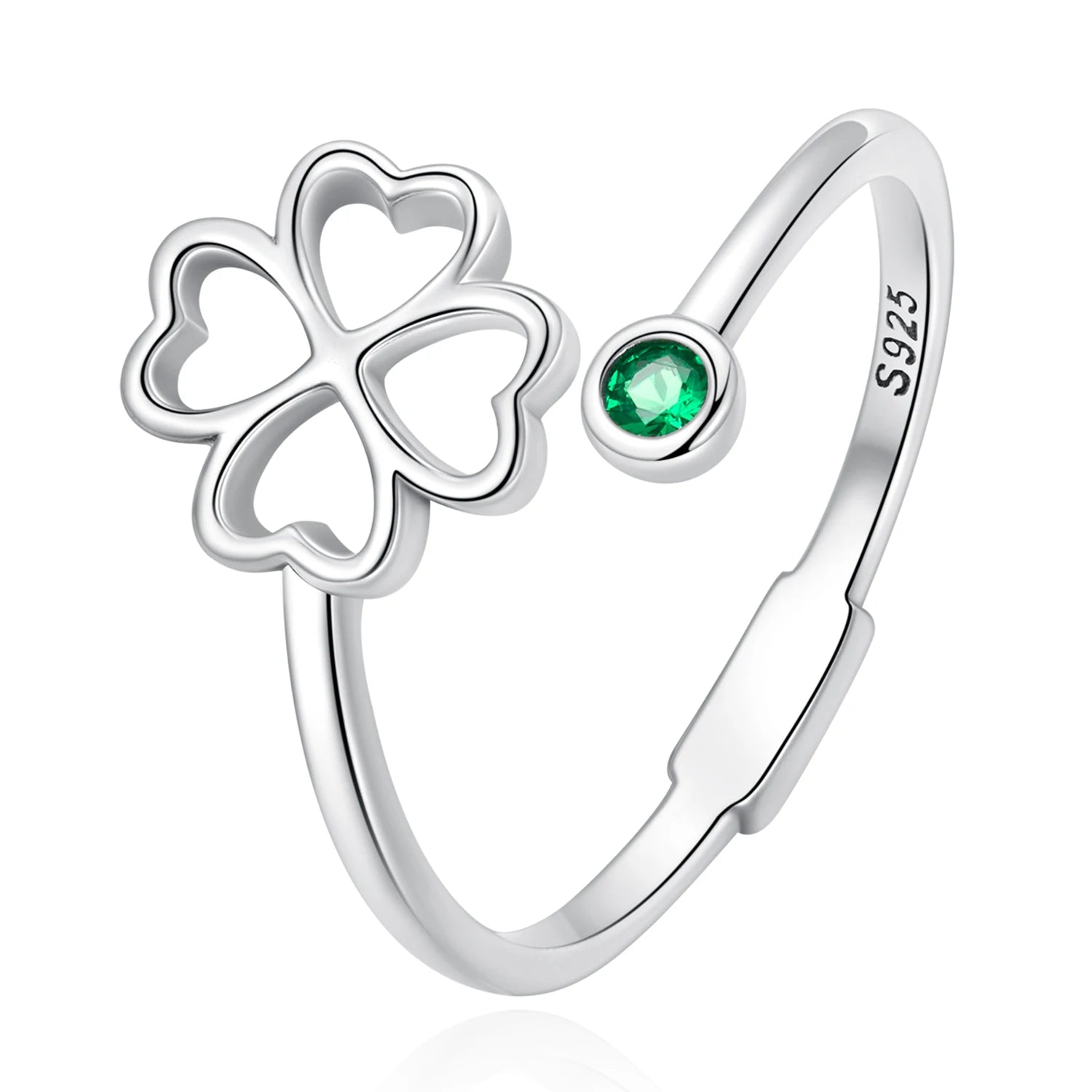 Adjustable Four Leaf Clover Ring 925 Sterling Silver Open Band Plant Motif Everyday Stackable Jewelry Gift for Women SCR843