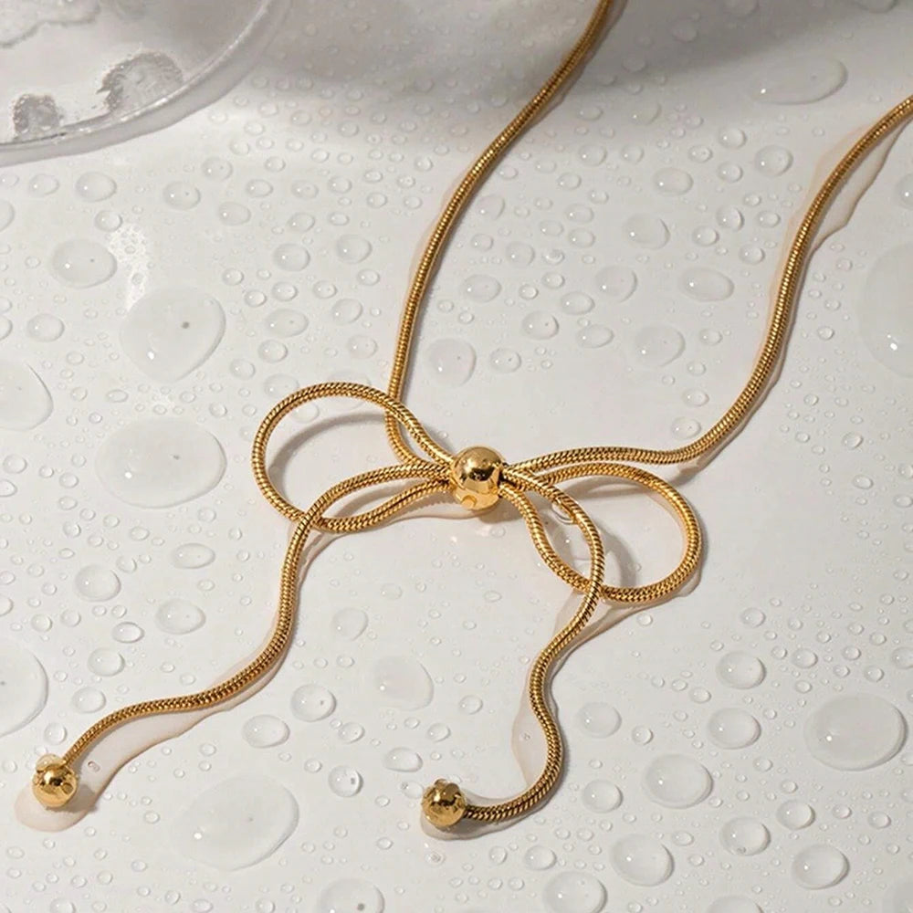 New Bow Knot Necklace Stainless Steel Waterproof 18k Gold Plated Round Snake Chain Bow Necklace