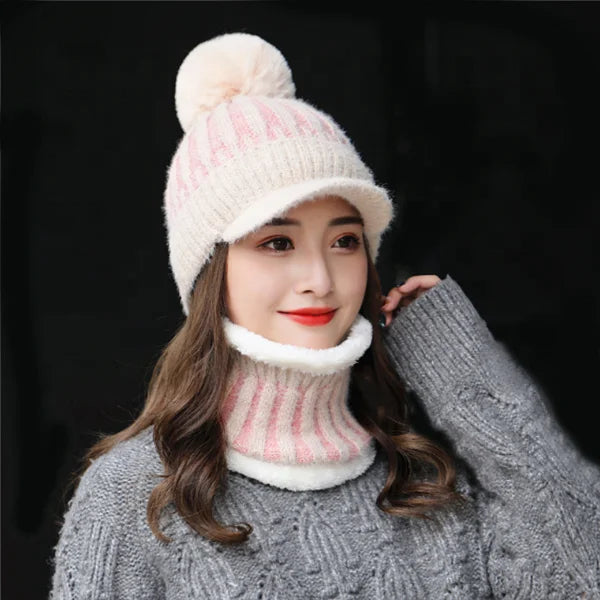 New Faux Mink Women Warm Cable Knit Beanie Hat Visor Brim Winter Snow Cap Pom Fleece Scarf Set