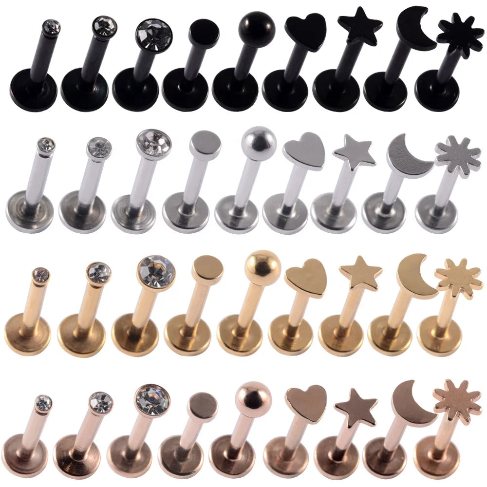 Mixed Shapes Surgical Steel Labret Studs for Lip Piercing Star Moon Heart Ear Cartilage Tragus Internally Threaded Weddings