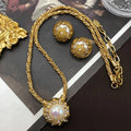 Vintage Gold-Plated Luxury Mabe Pearl Necklace Earrings Set Hollow Out Design Rhinestone Necklace for Women