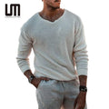 Clearance Sales Autumn Winter Men's Warm Knitted V Neck Sweater - Long Sleeve Solid Color Pullover Breathable for Casual