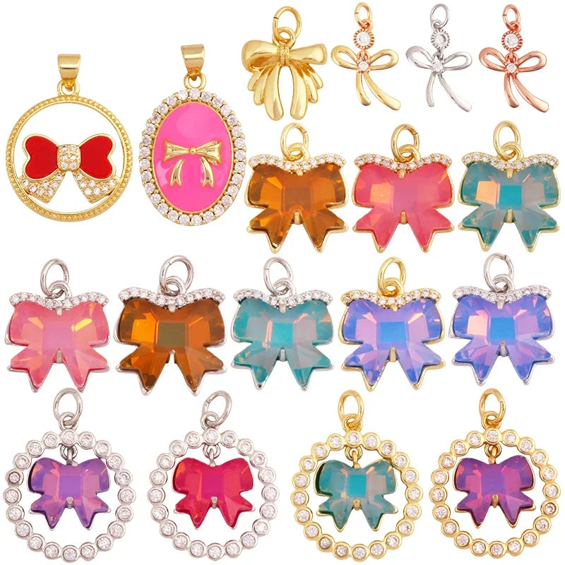 Fashion Bowknot Crystal Glass Zircon Charm PendantReal 18K Gold Plated Necklace Bracelet Jewelry Making Accessories Supply S36