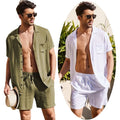 Mens Cotton Linen Two Piece Beachwear Sets White Tracksuit Matching Beach Wear Button up Shirt Sports Shorts Summer Clothes