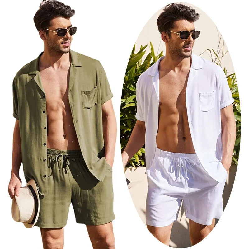 Mens Cotton Linen Two Piece Beachwear Sets White Tracksuit Matching Beach Wear Button up Shirt Sports Shorts Summer Clothes
