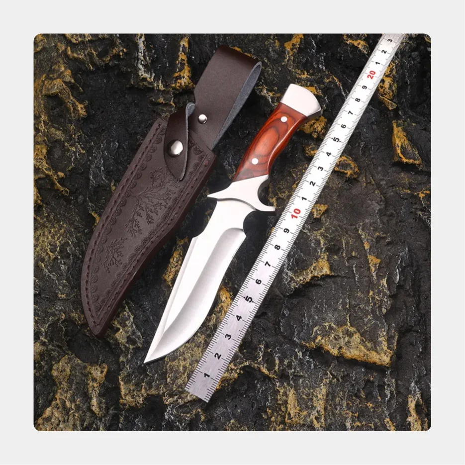 Wholesale New Design Wooden Carbon Steel Outdoor Hunting Knives With Leather Sheath Fixed Blade Knife