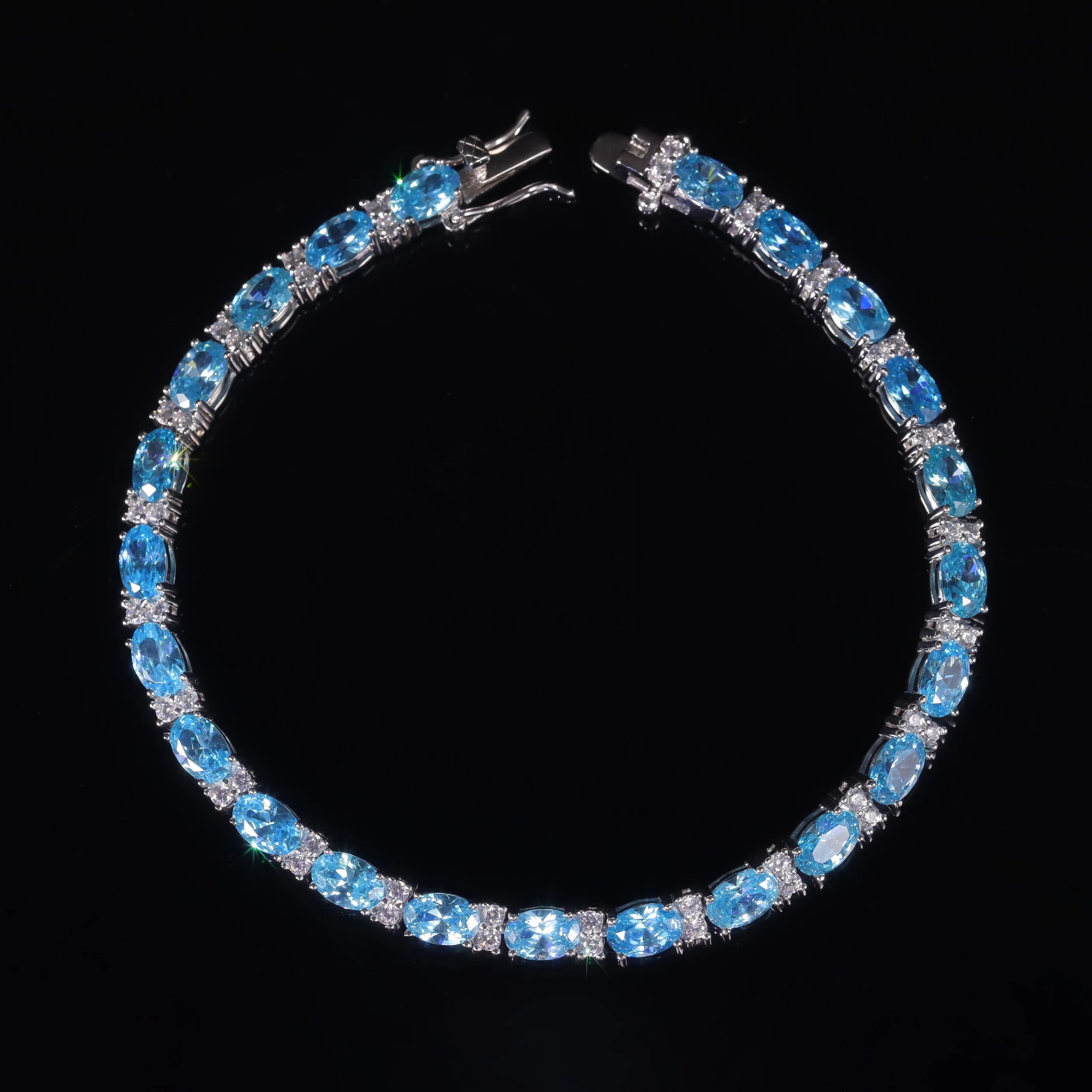 AB016 Abiding Wholesale Beautiful Oval 4x6MM Aqua Blue Cz Cubic Zirconia Stones 19.5CM 925 Silver Tennis Bracelet