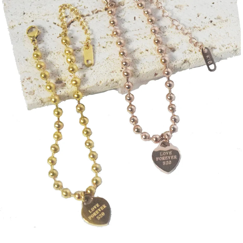 Fashion Trendy Stainless Steel Gold Plate Round Ball Beads Chain Bracelet Heart Charm Pendant Bracelet Jewelry