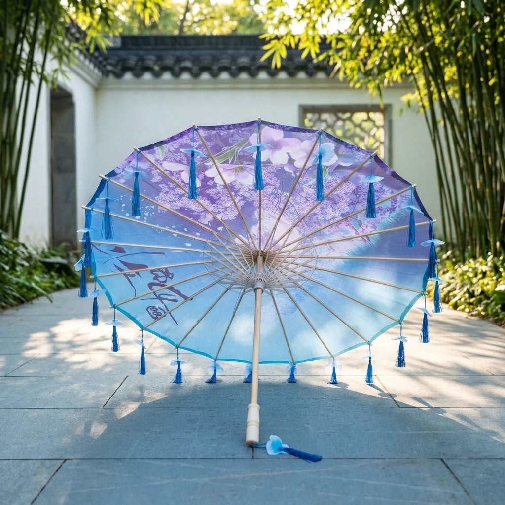 Antique Chinese Hanfu Tassel Umbrella Performance Silk Petal Propel Dance Umbrella Craft Manual Control for Party Use GIfts