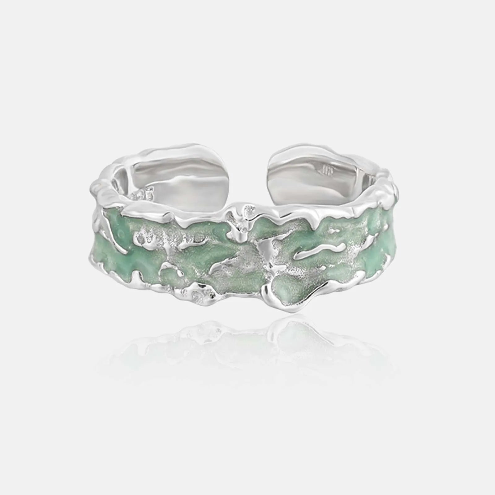 FUAMAY Fashion Designer 925 Sterling Silver Wide Ring Irregular Grain Mint Green Enameled Rings