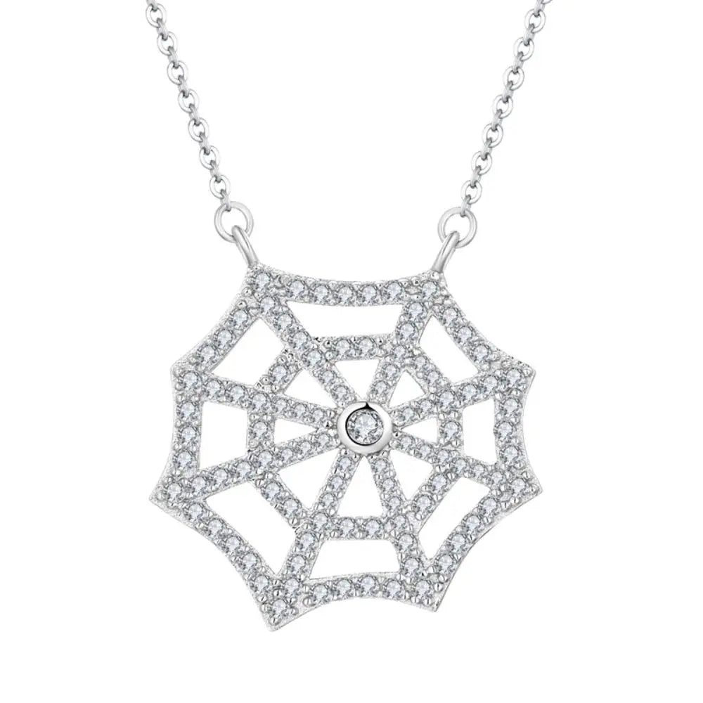 925 Sterling Silver Zircon Spider Web Charm Necklace with Link Chain Unisex Women's Classic Style Fine Jewelry