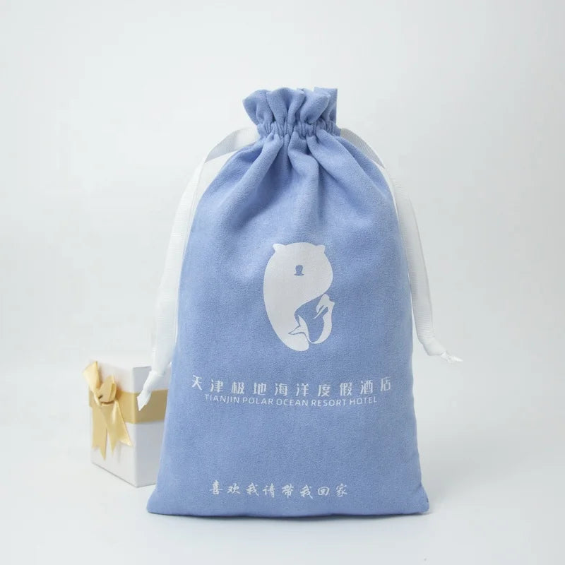 Custom Blue Suede Velvet Moisture Proof Drawstring Pouch Bag Cute Logo Printed for Candle & Craft Use Gift Customizable Sizes