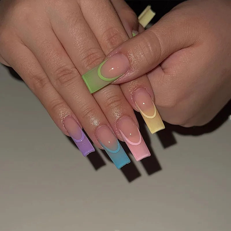 24Pcs Extra Long Square Fake Nails Colorful Artificial Fingernails Acrylic Luxury Press on Nail