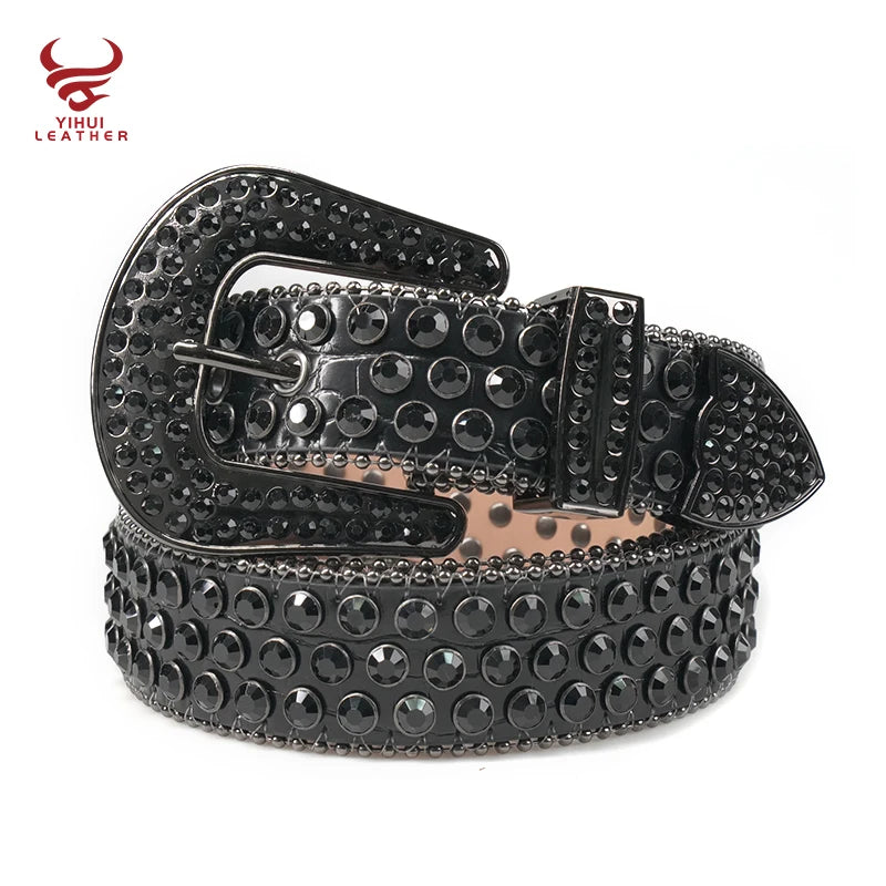 Fast Delivery Box Packing  Bling  Crystal crocodile Black Belt Men Western Cowboy Rhinestone Belts