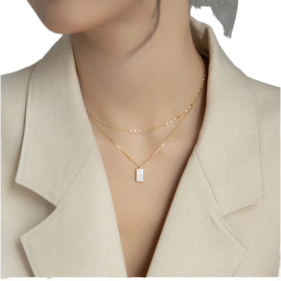 Luxury 2-Layer Stainless Steel Cowrie Shell Geometric Necklace 18K Gold Plated White Shell Square Choker Trendy Link Christian