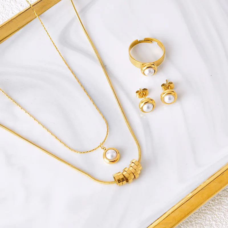 New 3 Pcs Stainless Steel Beads Jewelry Set Necklace Ring and Earring Tarnish Free 18k Gold Plated Set for Women