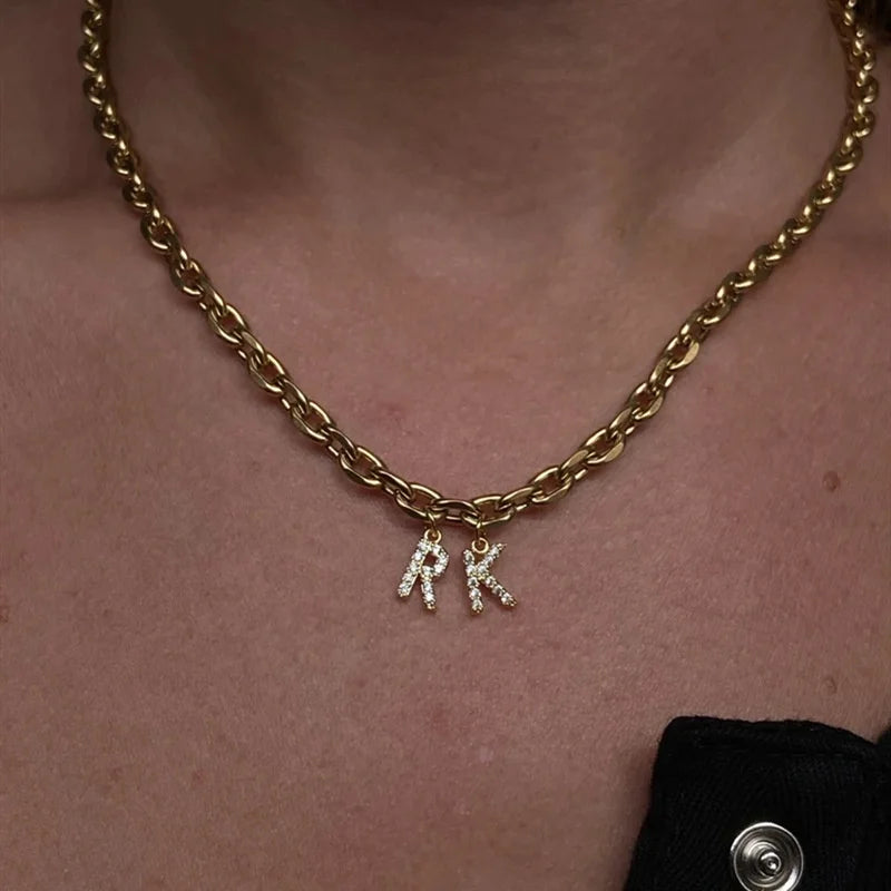 MICCI Wholesale Custom 18K Gold Plated Stainless Steel Icy Letter Alphabet Charms Pendant Diamond Initial Monogram Necklace