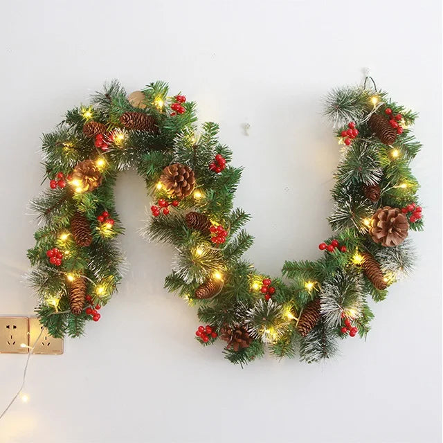 Ammy 2.7/1.8M Christmas Artificial American Garland & Wreath with Red Pinecone European-style Fireplace Decorative Rattan Lights