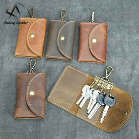 Andong Handmade Crazy Horse Leather Key Case Card Holder Slots Genuine Cowhide Keychain Pocket Wallet Men Retro Purse
