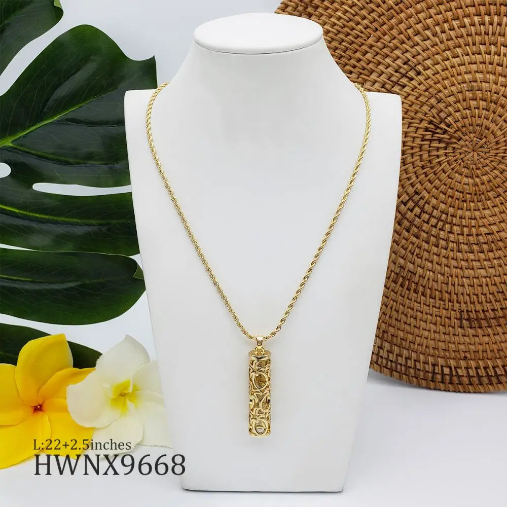 Hawaiian Hollowed Out Heirloom Design Bar Necklace with Rope Chain Maui Oahu Big Island Kauai Cylinder Barrel Charm Pendant