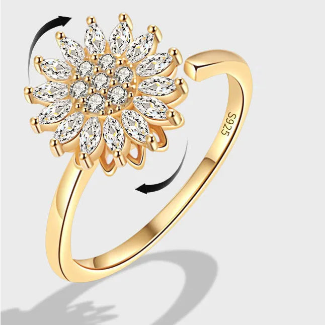 European Wholesale Sunflower Rotatable Anxiety Finger Ring Luxury Cubic Zircon 925 Sterling Silver Rings for Women