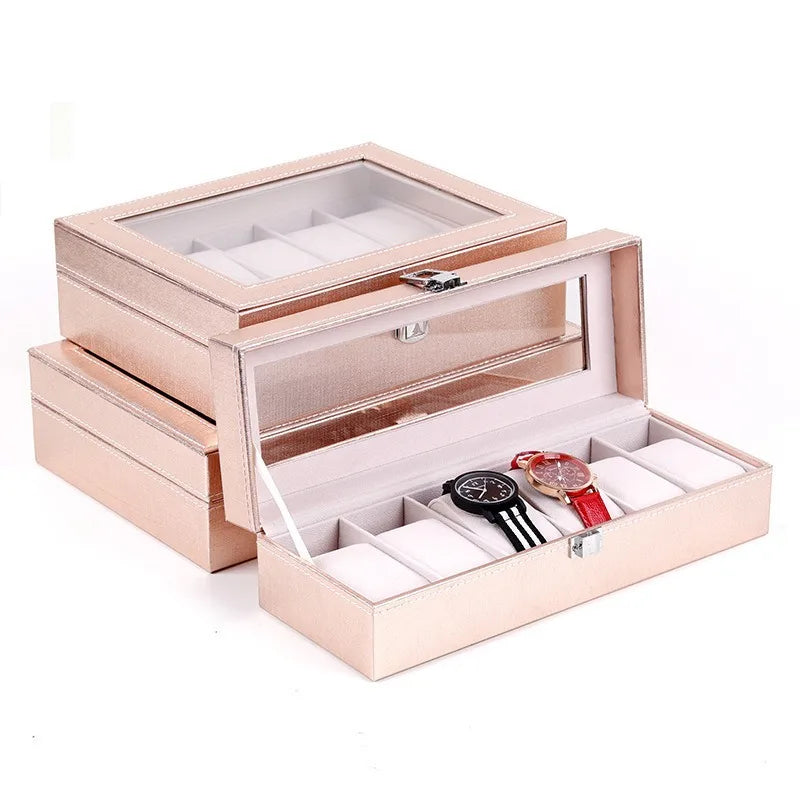 Rosy Gold Silvery 6-Slot Watch Storage Display Box Collection With Glass Lid